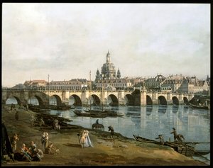 Widok Drezna z prawej strony rzeki Łaby, poniżej Augustusbruecke ... (obraz na płótnie) autorstwa Bernardo Bellotto
