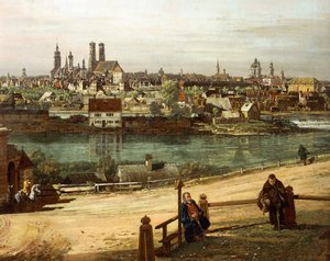 Widok Monachium z Haidhausen z rzeką Izarą w centrum, fragment autorstwa Bernardo Bellotto