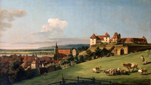 Widok Pirny z zamku Sonnenstein, lata 50. XVIII wieku. autorstwa Bernardo Bellotto