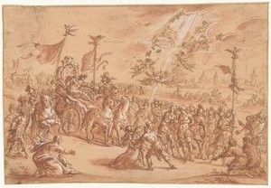 Święty biskup klęka obok procesji rzymskiego imperatora autorstwa Bernardo Castello (attributed to)