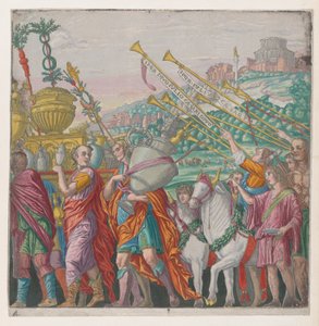 Arkusz 4: Mężczyźni niosący trofea po lewej, trębacze po prawej, z Triumfu Juliusza Ca..., 1599.
