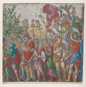 Arkusz 7: procesja Muzyków i innych trzymających chorągwie, z Triumfu Juliusza ..., 1599.