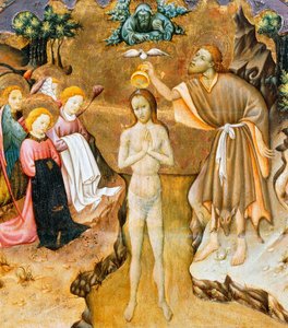 Chrzest Chrystusa, detal z predelli ołtarza z Katedry Vic, autorstwa Bernata Martorella (ok. 1400-1452), malowany na drewnie. Katalońska sztuka gotycka.