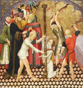 Biczowanie św. Eulalii, fragment predelli ołtarza z Katedry Vic, autorstwa Bernata Martorella (ok. 1400-1452), malowany na drewnie. Katalońska sztuka gotycka.