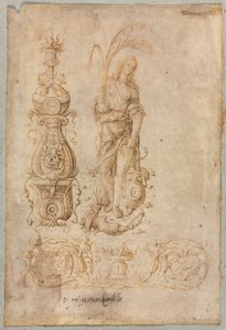 Projekt kandelabru, Alegoryczna figura obfitości, Projekt płaskorzeźby ozdobnej, ok. 1900 1490s. autorstwa Bernardo Parentino