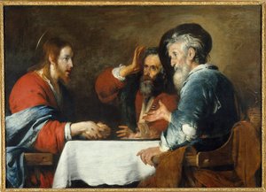 Chrystus ma Emaus Chrystus ukazuje się pielgrzymom siedzącym przy stole w gospodzie w Emaus. Obraz Bernardo Strozziego (1581-1644) 1640 nd. 1,24x1,72 m Grenoble, Musee des Beaux Arts autorstwa Bernardo Strozzi