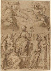 Ecclesia w otoczeniu aniołów trzymających instrumenty męki autorstwa Bernardo Strozzi