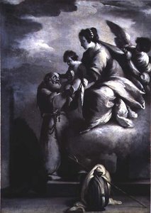 Dziewica wyciąga Dzieciątko Jezus do Błogosławionego Feliksa z Cantalice autorstwa Bernardo Strozzi