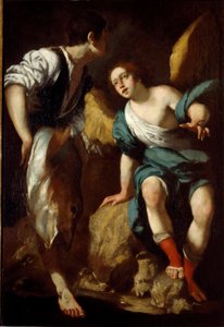 Młody Tobie i Archanioł Rafał (Tobie i Anioł) Obraz Bernardo Strozziego (1581-1644) Geny XVII w., kolekcja prywatna autorstwa Bernardo Strozzi