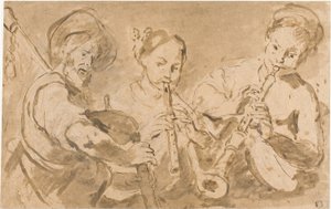 Trzech muzyków grających na rogach i piszczałkach autorstwa Bernardo Strozzi
