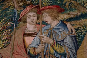 Flamandzki gobelin. Seria Fundacja Rzymu: Faustulus spotyka Romulusa i Remusa. Rysownik Barend van Orley (?). Produkcja brukselska. 1525-1530. Szczegół.