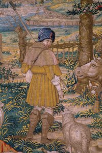 Flamandzki gobelin. Seria Fundacja Rzymu: Faustulus spotyka Romulusa i Remusa. Rysownik Barend van Orley (?). Produkcja brukselska. 1525-1530. Szczegół.