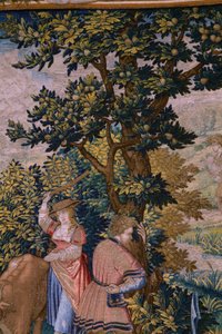 Flamandzki gobelin. Seria Fundacja Rzymu: Faustulus spotyka Romulusa i Remusa. Rysownik Barend van Orley (?). Produkcja brukselska. 1525-1530. Szczegół.