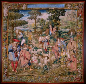 Flamandzki gobelin. Seria Fundacja Rzymu: Faustulus spotyka Romulusa i Remusa. Rysownik Barend van Orley (?). Produkcja brukselska. 1525-1530.