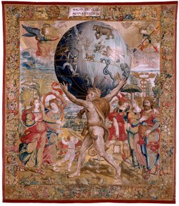 Flamandzki gobelin. Seria Kule. Herkules podtrzymujący sferę niebieską (Hércules sostiene la esfera celeste). Pierwszy gobelin z serii. Model Barend van Orley lub Pieter Coecke van Aelst. 1525-1530. Manufaktura Joris Vezeleer (Georg Wezeler)?, B