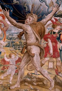 Flamandzki gobelin. Seria Kule. Herkules podtrzymujący sferę niebieską (Hércules sostiene la esfera celeste). Pierwszy gobelin z serii. Model Barend van Orley lub Pieter Coecke van Aelst. 1525-1530. Manufaktura Joris Vezeleer (Georg Wezeler)?,