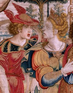 Flamandzki gobelin. Seria Kule. Herkules podtrzymujący sferę niebieską (Hércules sostiene la esfera celeste). Pierwszy gobelin z serii. Model Barend van Orley lub Pieter Coecke van Aelst. 1525-1530. Manufaktura Joris Vezeleer (Georg Wezeler)?,