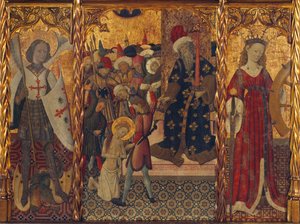 Święty Michał i św. Katarzyna, oprawa męczeństwa św. Eulalii z Barcelony (289-304) - Obraz Bernata Martorella (1390-1452), tempera na drewnie (143,5x188 cm), ok. 1442-1445 - Święty Michał, męczeństwo św. Eulalia i Święta Katarzyna, Tem