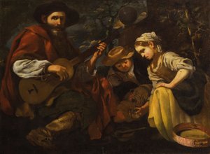 Gitarzysta z chłopcem i dziewczynką (Alegoria słuchu i smaku) autorstwa Bernhard Keil