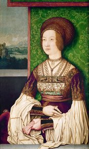 Rodzina cesarza Maksymiliana I: portret cesarzowej Bianki Marii (Blanche-Marie) Sforzy (1472-1510)"" - Portret Bianki Marii Sforzy (1472-1510), drugiej żony Maksymiliana I, cesarza rzymskiego, autorstwa Strigel, Bernhard (ok. 1460-1528) (lub l