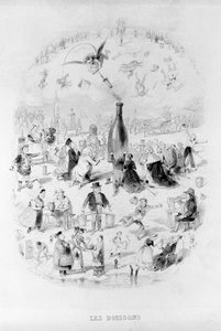 Napoje: adorujący tłum przed butelką wina i różne rodzaje drinków w Brillat - Savarin zilustrowany przez Bertalla. Paryż 1840.Jean Anthelme Brillat Savarin (Brillat-Savarin) (1755-1826) Francuski gastronomia.