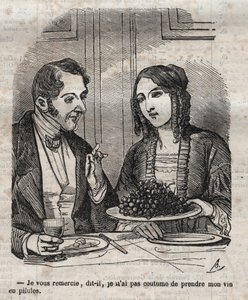 Dziękuję, nie jestem przyzwyczajony do brania wina w tabletkach (winogrono) - grawerowanie w „La Physiologie du gout” Jeana Anthelme Brillat Savarin (Brillat-Savarin