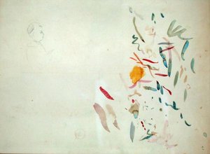 Szkic głowy kobiety i kolorowe linie, prawdopodobnie ze szkicownika, 1887 (toaleta i ołówek na papierze) autorstwa Berthe Morisot