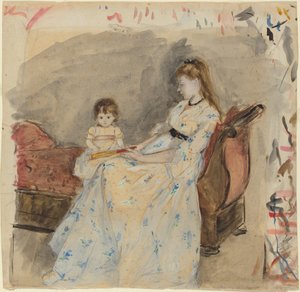 Siostra Artystki Edma z córką Jeanne, 1872 (wc nad grafitem na papierze wykładanym) autorstwa Berthe Morisot
