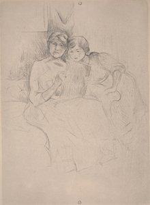 Lekcja rysunku - rysunek Berthe Morisot z córką, ok. 1889-90 (sucha igła) autorstwa Berthe Morisot