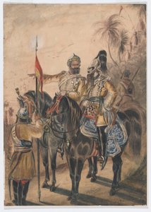 Dwóch konnych oficerów i jeden sowar, 4. bengalska kawaleria nieregularna, ok. 1850 (akwarela) autorstwa Bethune Donald Grant
