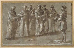 Sześciu profesorów anatomii, omawiających czaszkę i obdarte ze skóry kończyny (pióro i brązowy atrament z brązowym rozmyciem i uwydatnieniem) (patrz także 404475)