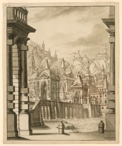 Scenografia, Miasto na wzgórzu z wieżowcami autorstwa Bibiena Family, 1657