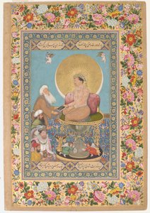 Jahangir Preferring a Sufi Shaikh to Kings from the St.Petersburg Album (nieprzezroczysta akwarela, tusz i złoto na papierze) autorstwa Bichitr Bichitr