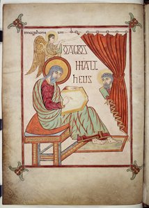 Bawełna Nero D. IV, f.25v Św. Mateusz, piszący ze swoim symbolem, z Ewangelii z Lindisfarne, 710-721 (welum) autorstwa Bishop of Lindisfarne Eadfrith
