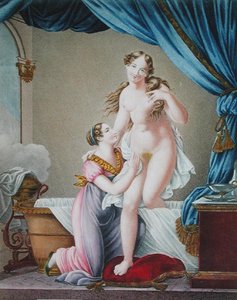 Kobieta wychodząca z kąpieli w asyście pokojówki, ok. 1820 (kolorowy grawerunek) autorstwa Blaizot (after)