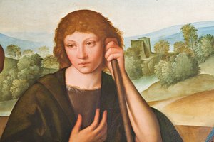 Adoracja Madonny pasterskiej z Dzieciątkiem Jezus i dwoma pasterzami, fragment 2384594 autorstwa Boccaccio Boccaccino