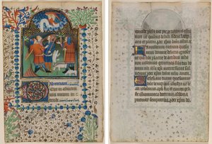 Kartka z Księgi Godzin: Zwiastowanie pasterzom (recto) i tekst (verso) autorstwa Boethius Illuminator