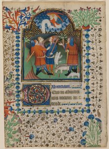 Kartka z Księgi Godzin: Zwiastowanie pasterzom recto i Tekst wers. 1410-20. autorstwa Boethius Illuminator