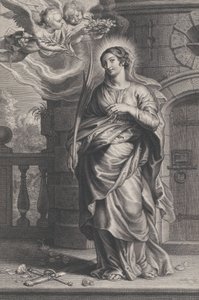 Św. Barbara trzymająca liście palmowe z mieczem i kwiatami u jej stóp, dwa putta..., ca. 1625-59.