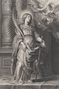 Święta Katarzyna trzymająca liście palmowe i miecz, nad głową dwa putta trzymające wawrzyn..., ca. 1625-59.