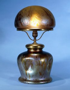 Rzadka mosiężna lampa stołowa Loetz (szkło ze złotym metalicznym połyskiem i brązem)