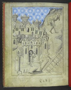 Dodaj 24189. f.16v, Samson niosący bramy Gazy, obserwowany z murów miasta przez uzbrojonych żołnierzy i, w oknie, Delilah, z 