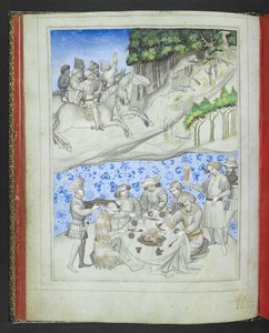 Dodaj 24189, f.5v, Rekreacja na Cyprze, powyżej polowanie na jelenie z użyciem lampartów, a poniżej uczta z „Picture Book of Sir John Mandeville