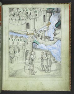 Dodaj 24189 f.8 Pielgrzymi zbliżający się do bram miasta, z „Picture Book of Sir John Mandeville