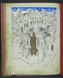 Dodaj 24189, f.9v, Miasto Konstantynopol, z dużym posągiem cesarza Justyniana stojącego przed katedrą św. Zofii, z „Picture Book of Sir John Mandeville