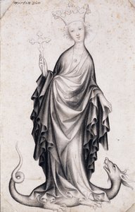 Święta Małgorzata z Antiochii (zm. ok. 305) (św. Małgorzata) (trzyma krucyfiks i depcze smoka) - Dzieło mistrza czeskiego (czynne 1410-1420), ołówek i pędzel na papierze (21,4x14 cm) , ok. 1410 - Muzeum Szepmuveszeti, Budapeszt (Węgry)