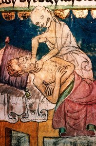a mort etranglant un pestifere - Śmierć dusząca ofiarę zarazy - Miniature extraite du codex Stini, Boheme autorstwa Bohemian School