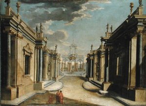 Architektoniczne Capriccio przedstawiające historię córek Minyas (olej na płótnie) autorstwa Bolognese School