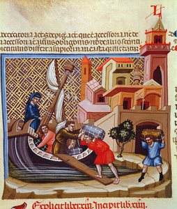 Załadunek towarów na statek, z rękopisu „Justinian Institutiones Feodorum et Alia”, c.1300 (welum)