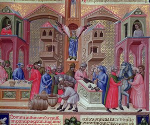Gildia kupców, z rękopisu „Justinian Institutiones Feodorum et Alia”, c.1300 (welum)